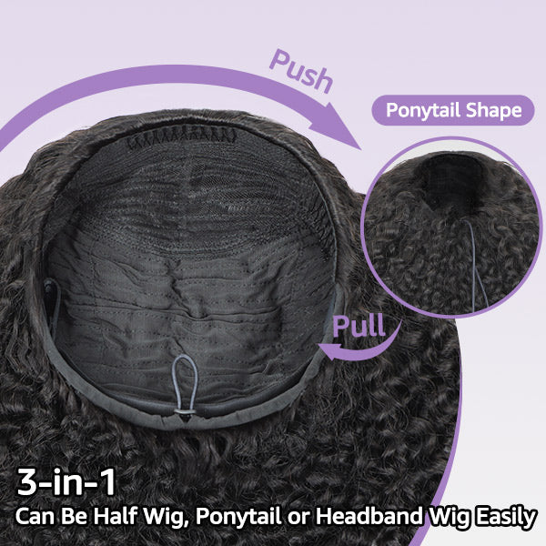 3 In 1 Burmese Curly Glueless Wear Go Half Wig with Elastic Drawstring Seamless Flip Over