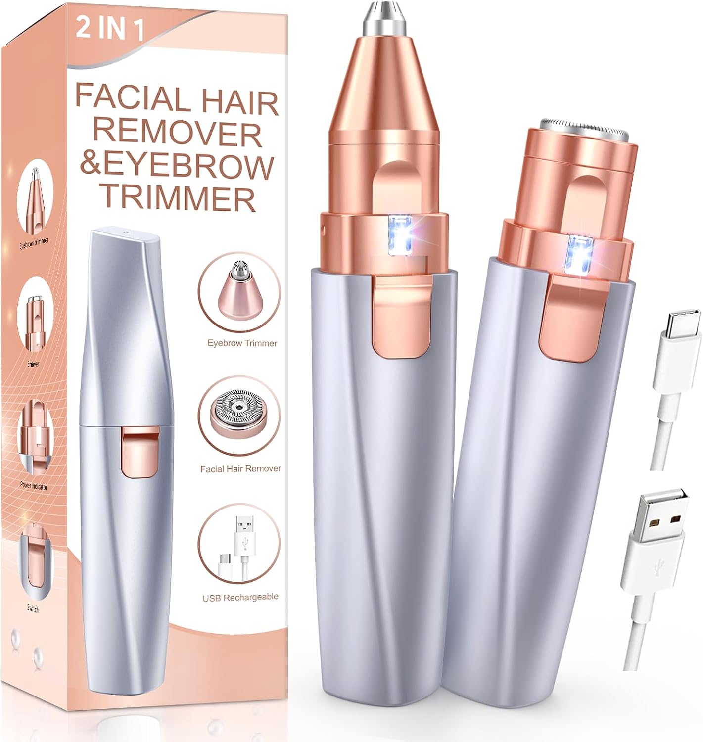 2-in-1 Rechargeable Facial Hair Remover & Eyebrow Trimmer with LED Light