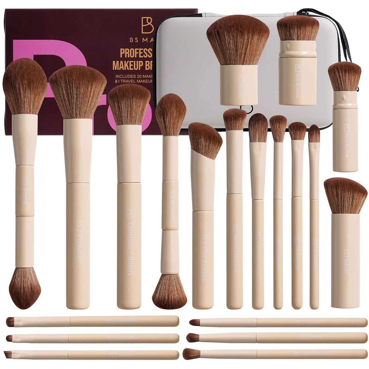 Professional 20Pcs Makeup Brush Set with Travel Case, Premium Synthetic Bristles for Foundation & Eyeshadow