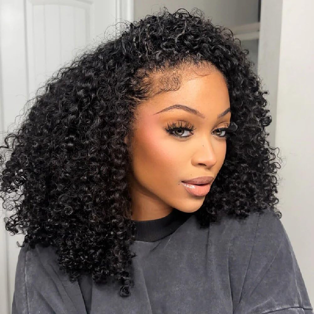 3-in-1 Half Wig Human Hair Glueless Kinky Curly Drawstring Seamless Clip-In Flip Over Wig 180% Density 18 Inch