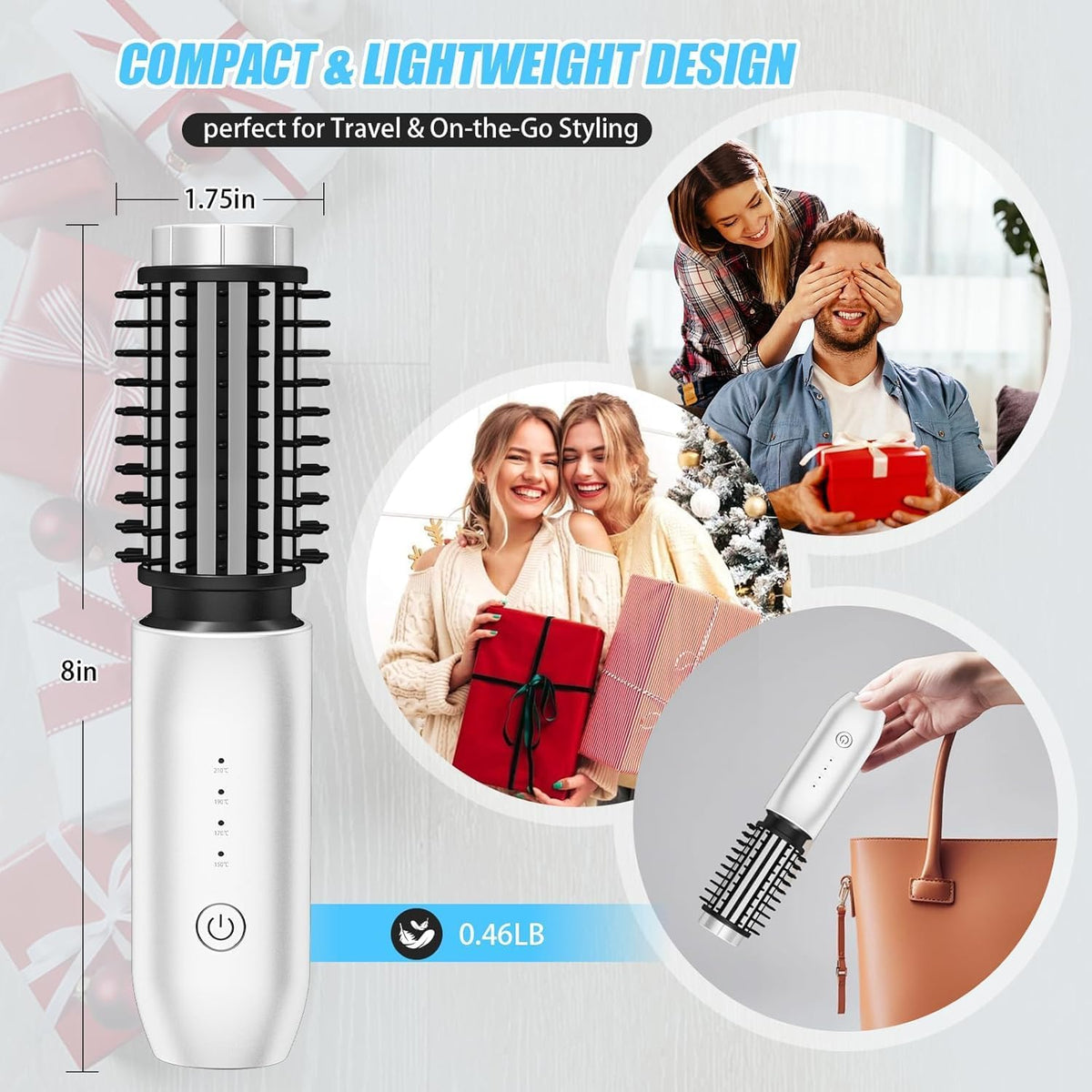 Cordless 1.5-inch Curling Iron Brush, 3-in-1 Portable Heated Round Straightening Brush