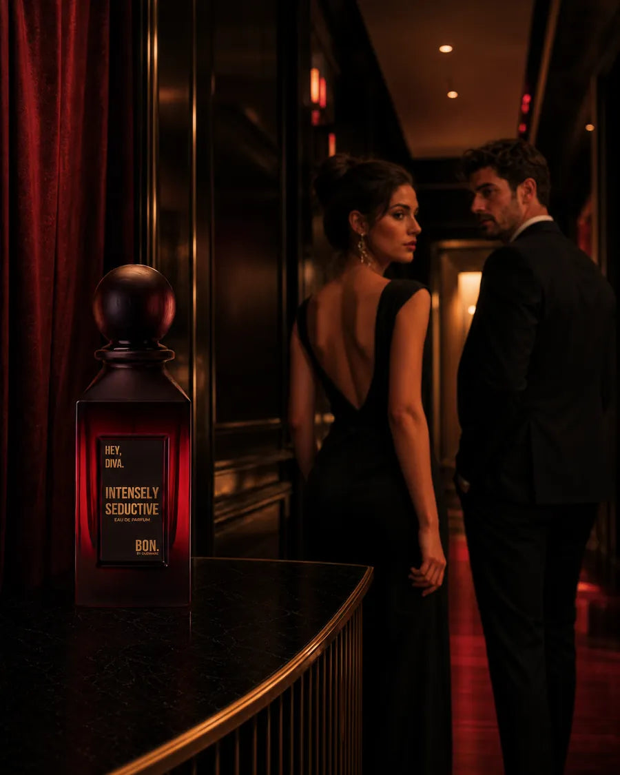 Two adults exchanging a subtle glance in an elegant evening hallway with BON perfume