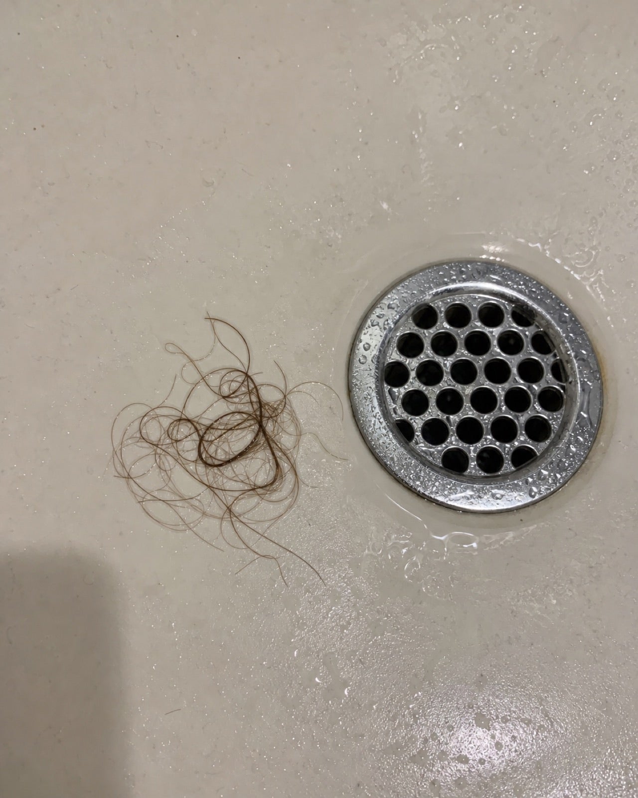 Loose hair beside a shower drain