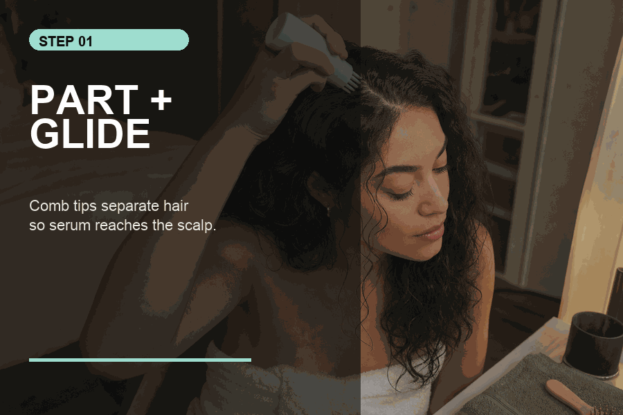 Animated direct-to-scalp application sequence