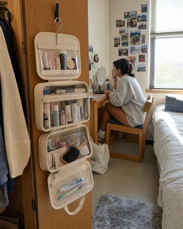 Beauty organizer hanging from a dorm wardrobe