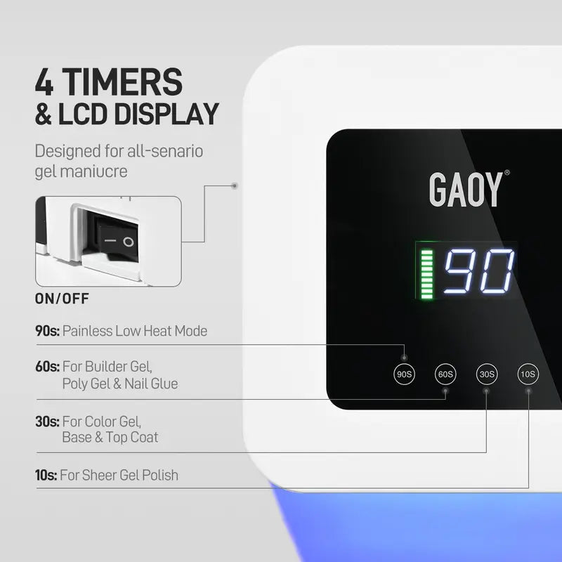 Four timer controls and digital display on the white nail lamp