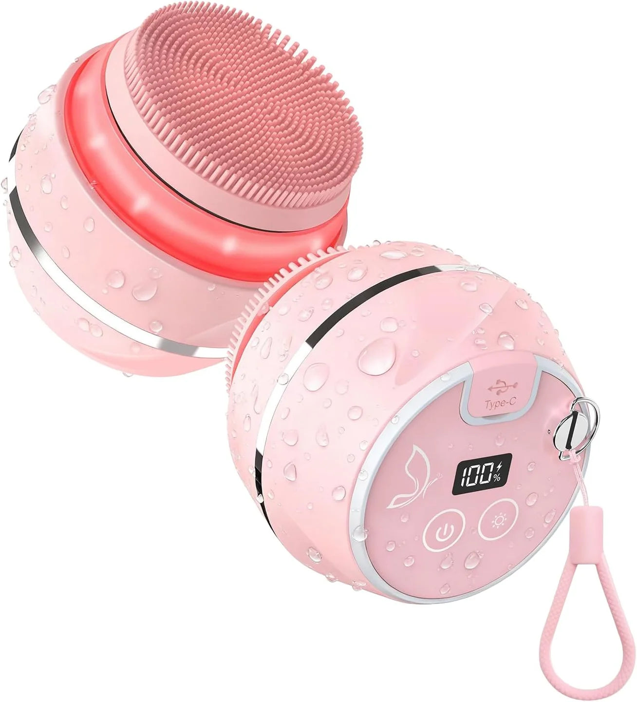 Pink silicone facial cleansing brush showing the bristle surface, controls, digital display, charging cover and wrist loop