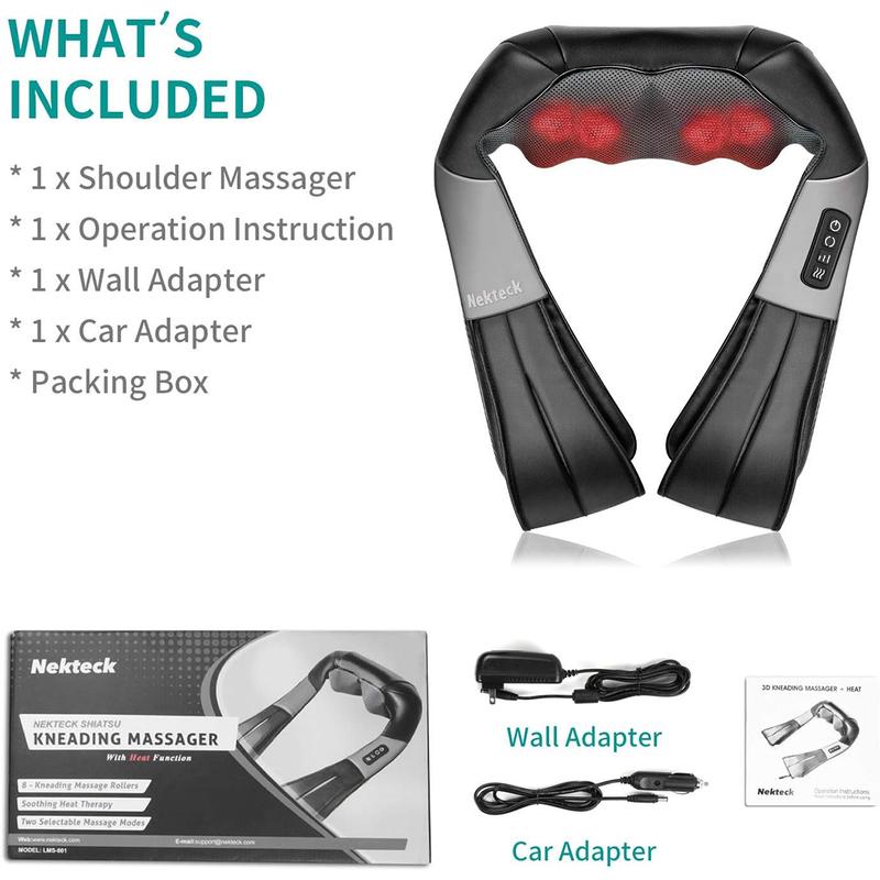 Ergonomic Shiatsu Neck and Back Massager with Soothing Heat and 8 Deep-Kneading Nodes