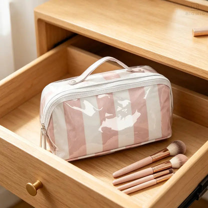 Large Capacity Striped Makeup Bag, Waterproof PVC Travel Organizer with Wide-Mouth Opening