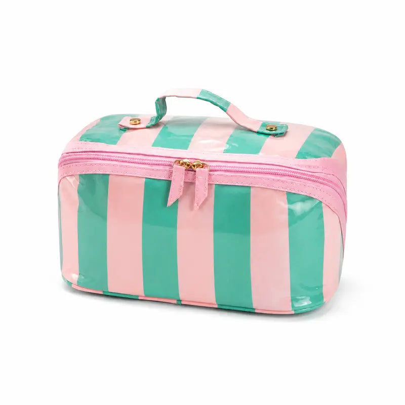 Large Capacity Striped Makeup Bag, Waterproof PVC Travel Organizer with Wide-Mouth Opening