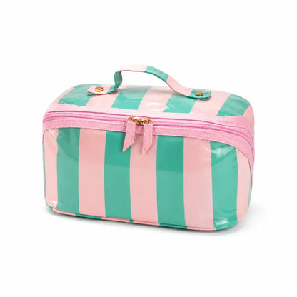 Large Capacity Striped Makeup Bag, Waterproof PVC Travel Organizer with Wide-Mouth Opening