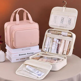 Waterproof PU Leather Makeup Bag with Hook - Extra Large Capacity & Transparent Dividers