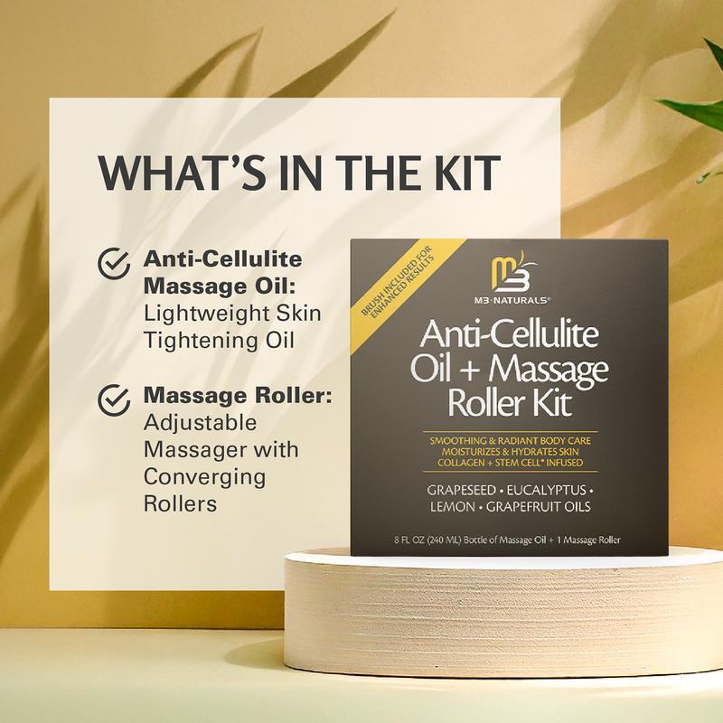 Anti Cellulite Oil and Lymphatic Drainage Massager Kit - Deep Tissue Tool for Contoured Skin, 8 fl oz