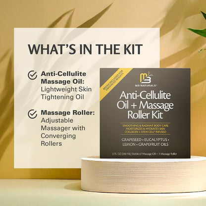 Anti Cellulite Oil and Lymphatic Drainage Massager Kit - Deep Tissue Tool for Contoured Skin, 8 fl oz