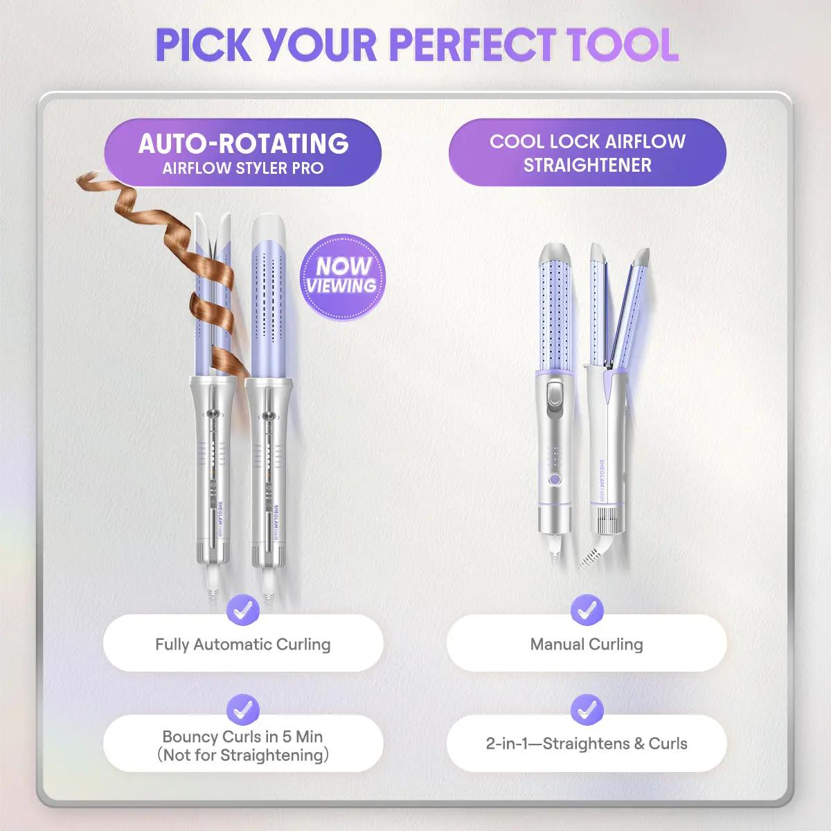One Touch Airflow Styler Pro - Silver Purple Cool Air Auto-Rotating Curling Iron for 5 Min Quick Styling