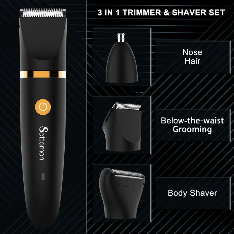 3 in 1 Electric Body Hair Trimmer and Groin Groomer for Men, Waterproof Nose Shaver