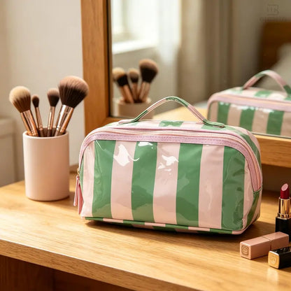 Large Capacity Striped Makeup Bag, Waterproof PVC Travel Organizer with Wide-Mouth Opening