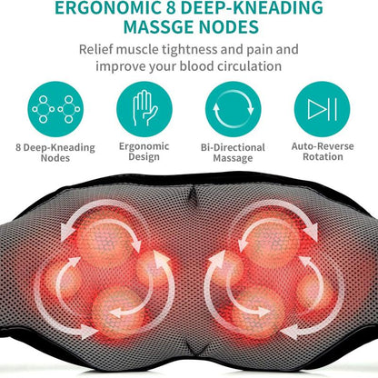 Ergonomic Shiatsu Neck and Back Massager with Soothing Heat and 8 Deep-Kneading Nodes