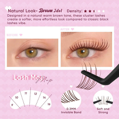 Premium Brown Lash Clusters Kit - D Curl Wispy DIY Eyelash Extensions