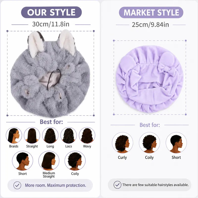 Fox Ear Design Plush Satin Hair Bonnet for Sleeping - Adjustable Elastic Sleep Cap