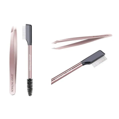 Lashes and Brows Touch Up Tool Set - Precision Stainless Steel Tweezers and Dual-Ended Comb