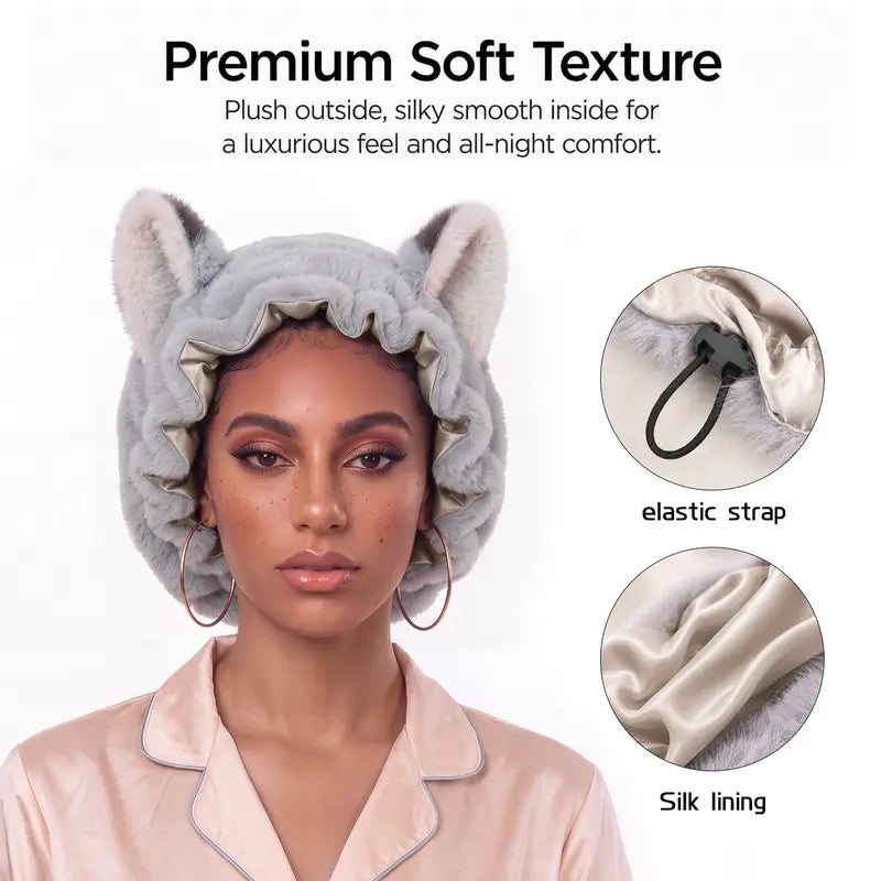Fox Ear Design Plush Satin Hair Bonnet for Sleeping - Adjustable Elastic Sleep Cap
