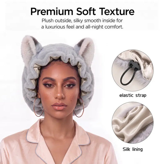 Fox Ear Design Plush Satin Hair Bonnet for Sleeping - Adjustable Elastic Sleep Cap