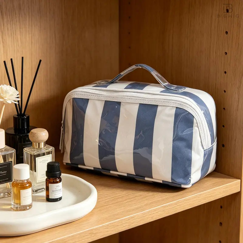 Large Capacity Striped Makeup Bag, Waterproof PVC Travel Organizer with Wide-Mouth Opening