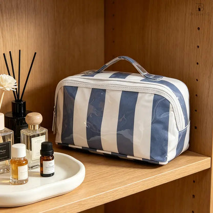 Large Capacity Striped Makeup Bag, Waterproof PVC Travel Organizer with Wide-Mouth Opening