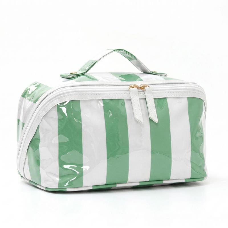 Large Capacity Striped Makeup Bag, Waterproof PVC Travel Organizer with Wide-Mouth Opening