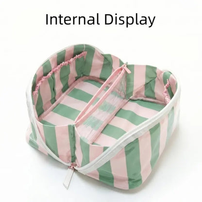 Large Capacity Striped Makeup Bag, Waterproof PVC Travel Organizer with Wide-Mouth Opening