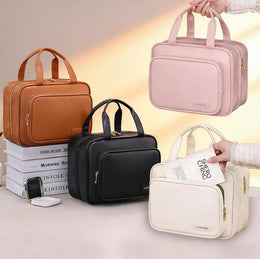 Waterproof PU Leather Makeup Bag with Hook - Extra Large Capacity & Transparent Dividers