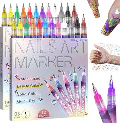 12 Colors Nail Art Pens Set with 30 Stickers, Quick Dry Acrylic Markers for DIY Dotting Drawing Painting
