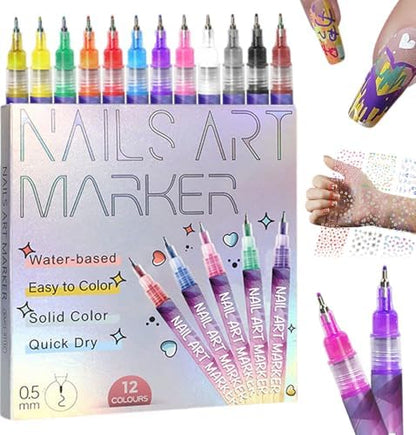 12 Colors Nail Art Pens Set with 30 Stickers, Quick Dry Acrylic Markers for DIY Dotting Drawing Painting