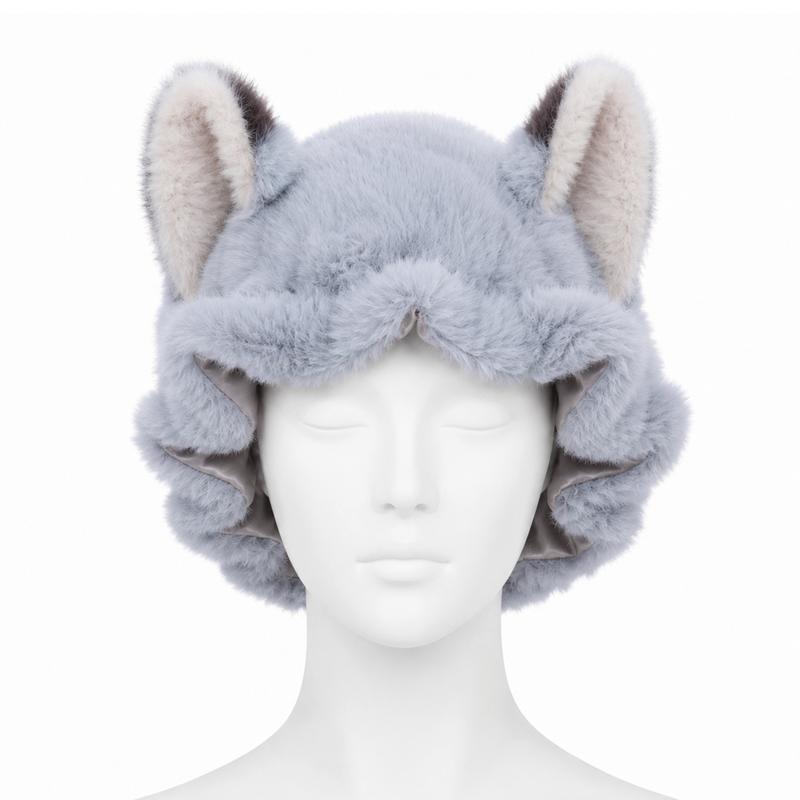 Fox Ear Design Plush Satin Hair Bonnet for Sleeping - Adjustable Elastic Sleep Cap