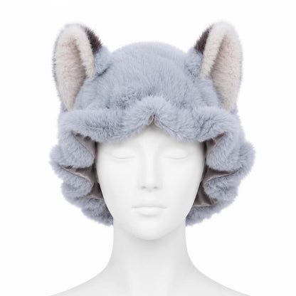 Fox Ear Design Plush Satin Hair Bonnet for Sleeping - Adjustable Elastic Sleep Cap