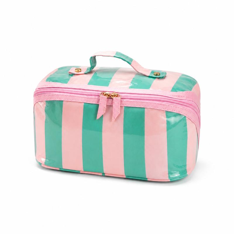 Large Capacity Striped Makeup Bag, Waterproof PVC Travel Organizer with Wide-Mouth Opening