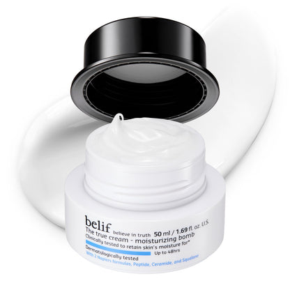 belif Moisturizing Bomb – Daily Ceramide Moisturizer with Peptide & Squalane, 48hr Hydration & Anti-Aging Cream, Milky & Lightweight, Restores Skin Barrier, Korean Skincare, 0.84 fl oz (25ml)