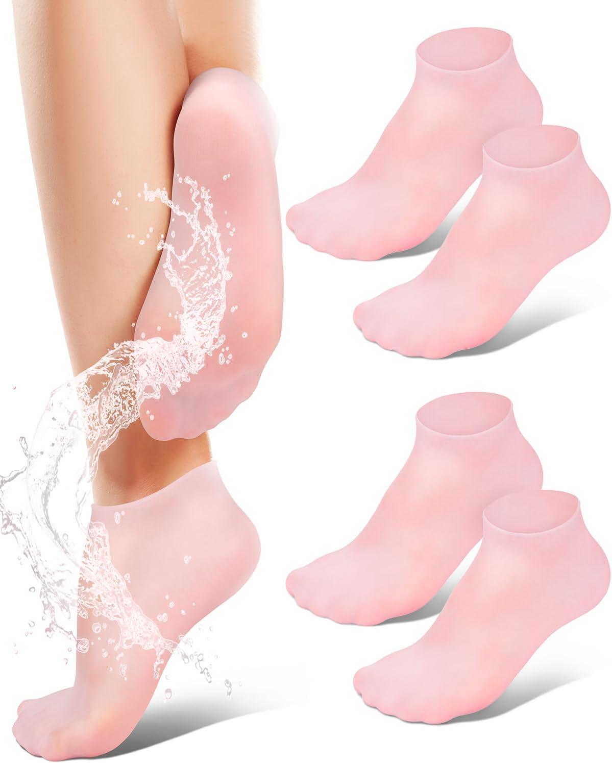 Silicone Moisturizing Socks for Dry Cracked Feet, Soft Gel Spa Pedicure Socks for Heel Care, Pink