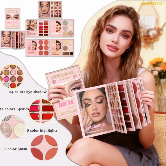 Multicolor Eyeshadow Palette - High-Pigment Pearl, Glitter Sequins, and Lipstick Set