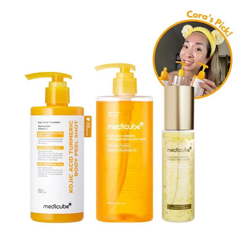 Kojic Acid Turmeric Peel Shot and Brightening Body Wash Set with Gold Vita Jelly Mist Serum