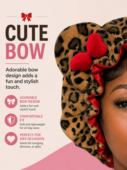 Leopard Print Satin Sleep Cap with Cute Bow and Bear Ears, Soft Velvet Hair Hat for Nighttime Protection