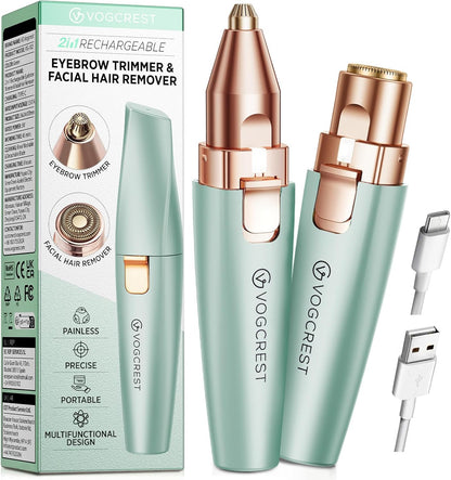 2-in-1 Rechargeable Eyebrow & Facial Hair Trimmer with LED Light - Rose Gold