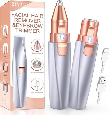 2-in-1 Rechargeable Facial Hair Remover & Eyebrow Trimmer with LED Light