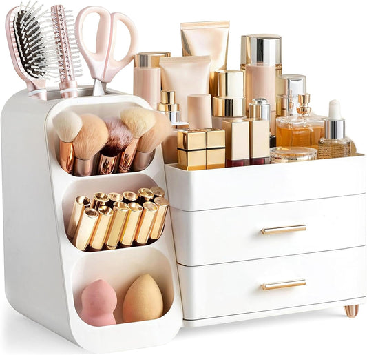 Large Makeup Organizer with Brush Holder, Plastic Vanity Storage for Skincare and Cosmetics