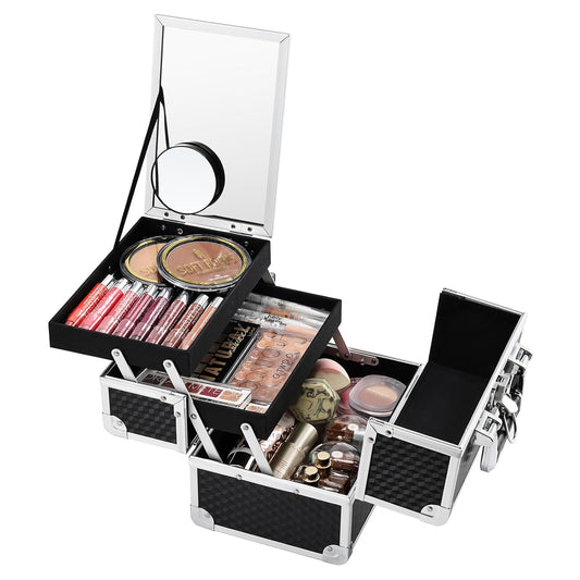 Portable Makeup Train Case with Mirror and 2-Tier Cantilever Trays, Black