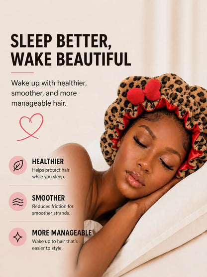 Leopard Print Satin Sleep Cap with Cute Bow and Bear Ears, Soft Velvet Hair Hat for Nighttime Protection