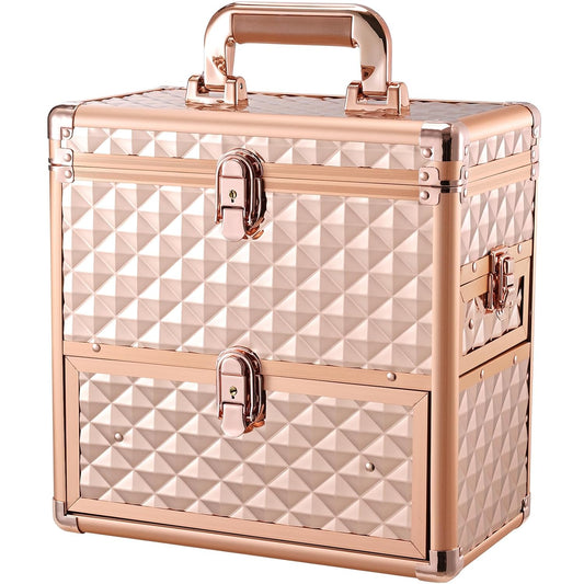 Professional Makeup Train Case with Drawer, Mirror and Sponge Dividers - Rose Gold