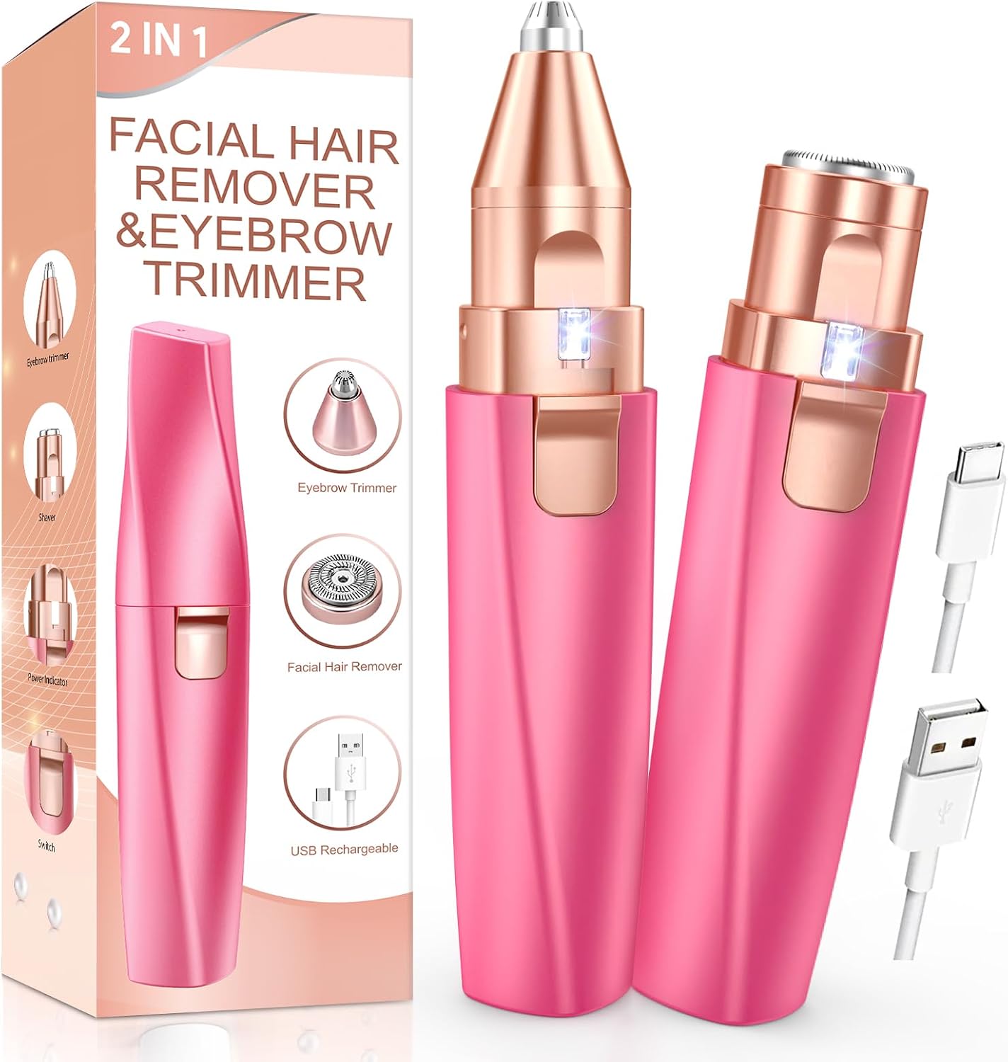 2-in-1 Rechargeable Facial Hair Remover & Eyebrow Trimmer with LED Light