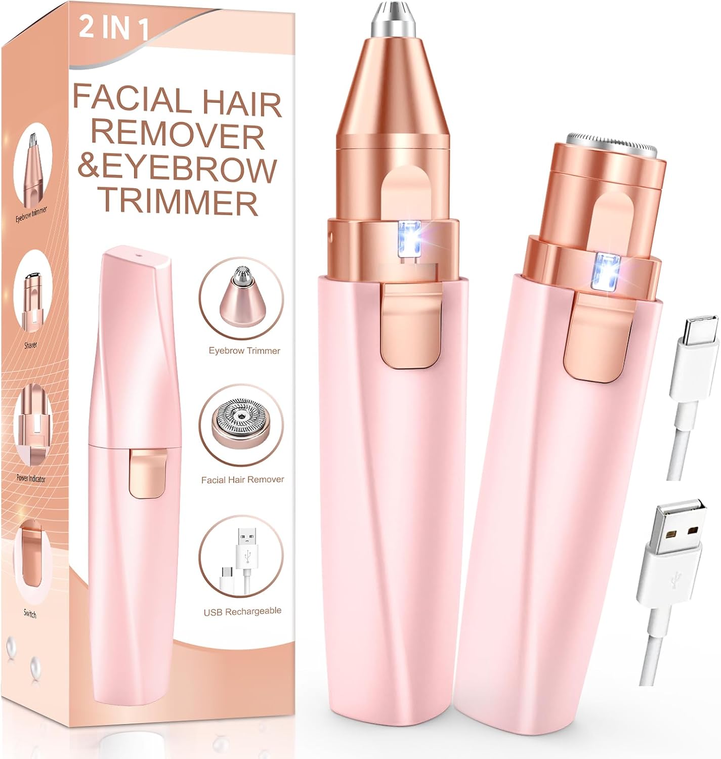 2-in-1 Rechargeable Facial Hair Remover & Eyebrow Trimmer with LED Light